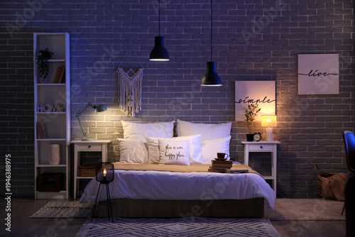 Interior of dark bedroom wi...