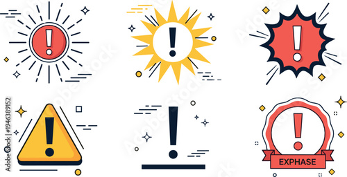 Warning and alert icons collection with exclamation marks in triangle, badge, burst and label shapes, modern flat outline safety notification symbols set