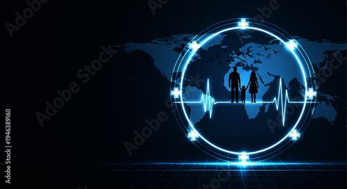 Global health care concept with family silhouette on a heartbeat rhythm pulse in a world map background for world health day