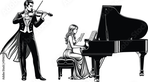 Classical music performers duo featuring a man playing violin and a woman playing grand piano black and white illustration