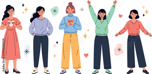 Women expressing different emotions and body language poses, modern female characters showing love, confidence, excitement and happiness illustration set