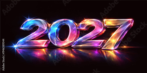 Glowing Neon 2027 Text on Black Background with Colorful Light Reflections
