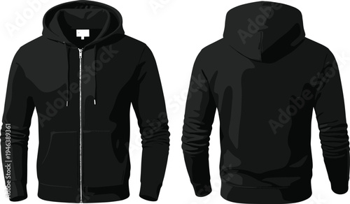 Black zip up hoodie technical fashion sketch front and back view template for apparel design and clothing mockup