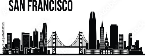San Francisco Skyline Silhouette Vector Illustration California Landmark Golden Gate Bridge Transamerica Pyramid Cityscape Urban Architecture Travel Tourism West Coast USA Bay Area