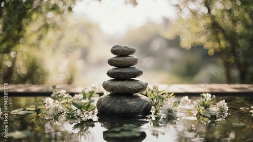 Zen Stones Stacked in Serene Water Garden with Butterfly.