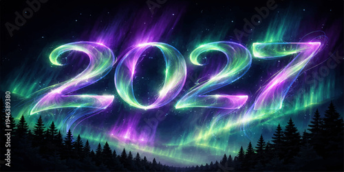 Glowing 2027 Numbers with Aurora Borealis Over Forest Night Landscape