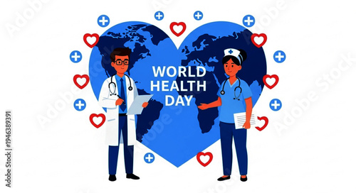 Celebrate World Health Day with healthcare professionals and a heart-shaped globe representing global well-being