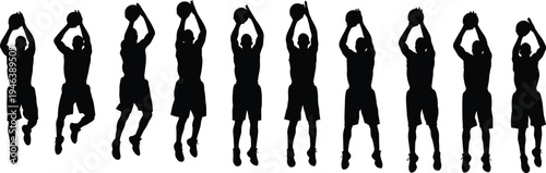 basketball, silhouette, player, athlete, vector, sport, jumping, shooting, ball, motion, action, black, activity, fitness, slam