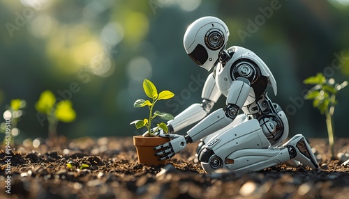 Robot gently plants a small green plant in a brown pot on the ground surrounded by similar plants in a natural setting with blurred background