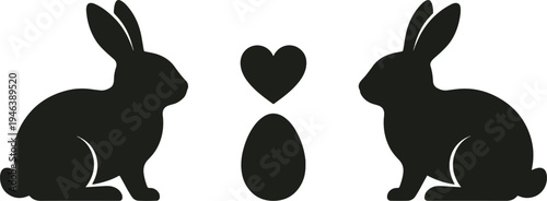  Set of Black Rabbit Silhouettes Facing Each Other with a Central Heart and Easter Egg Graphic for 2026 Spring Celebrations 