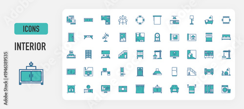 Interior icon. Plan, Sofa, Lighting, Blind, Dinner Table, Bathroom, Kitchen, Hat Rack, Door, Blueprint, Frame, Measurement, Clock, Bed, Drawer, Stair, Crane, 3d, Axis, Book Shelf, Cupboard vector. 