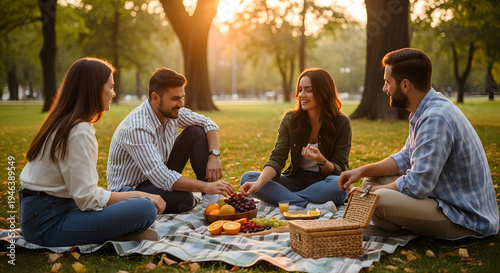 Four young people sitting on a blanket eating grapes and oranges during a sunny picnic in the park