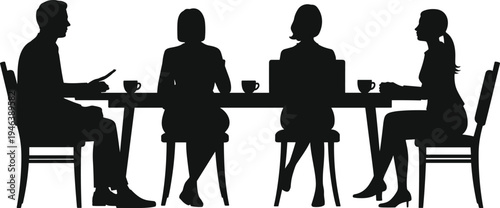 Business Meeting Silhouette of Four People Sitting Around a Table with Coffee Cups vector illustration
