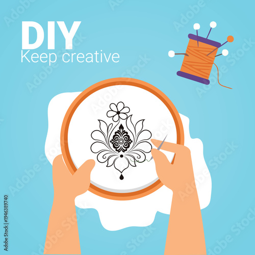 Vector illustration of hands embroidering floral design with hoop and thread