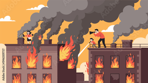 Dramatic scene of a city building engulfed in fire with smoke billowing as journalists and a child witness observe the disaster.