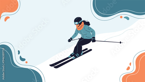 Athletic person skiing down a snowy mountain slope with professional winter gear and equipment during a bright sunny day.