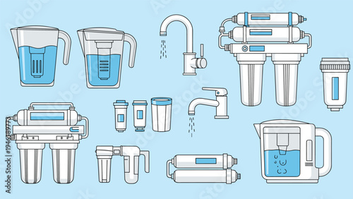 Collection of various modern water filtration systems including pitchers, tap filters, and reverse osmosis units for clean drinking water.