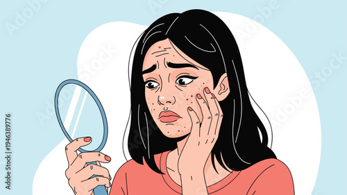 Young woman looking into a mirror with a concerned expression as she examines acne and skin blemishes on her face and forehead.