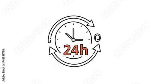 Professional icon representing twenty-four hour customer support services with a clock face and a headset symbol for constant availability.