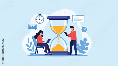 Two professionals working near a giant hourglass symbol representing time management, deadlines, and efficiency in a business environment.