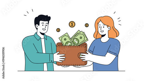 Happy man and woman holding a large brown wallet filled with cash money and golden coins for financial success and savings.