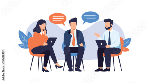 Three diverse business people sitting together in an office and having a productive meeting with laptops and speech bubbles above them.