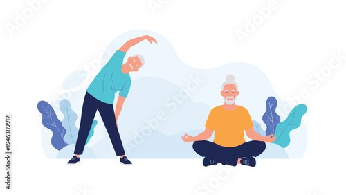 Elderly man and woman practicing yoga and stretching exercises in a serene outdoor setting for health and wellness in senior years.