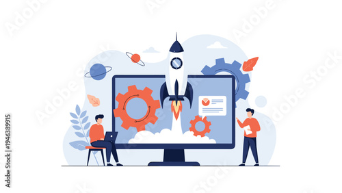 Creative business start-up concept with a rocket launching from a computer screen surrounded by gears, planets, and ambitious professionals.