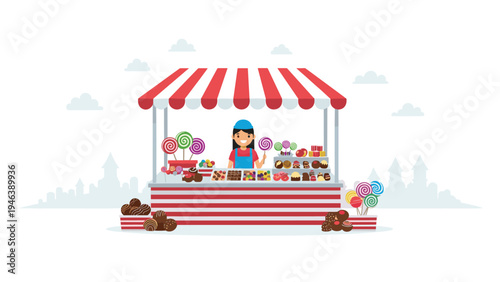 Friendly female vendor standing at a colorful candy and lollipop stand with a striped awning in a festive amusement park or fairground.