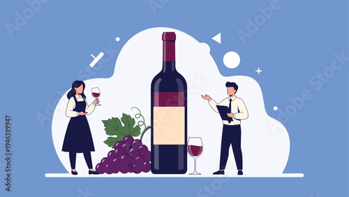 Professional sommelier and a woman tasting red wine near a giant bottle and a bunch of grapes on a blue background with abstract shapes.