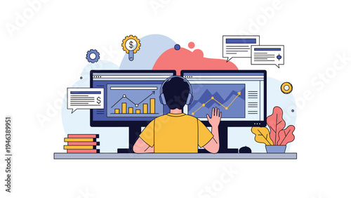 Focused financial trader analyzing stock market graphs and data on two computer monitors while wearing headphones in a home office.