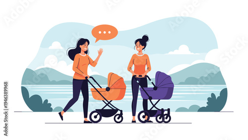 Two young mothers pushing baby strollers along a riverside path while engaged in a friendly conversation on a bright sunny day.