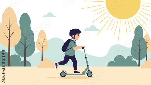 Young boy wearing a safety helmet and riding a kick scooter in a sunny park with colorful trees and a bright yellow sun.