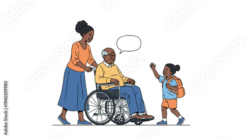 Caring woman pushing an elderly man in a wheelchair as he is greeted by a young schoolboy with a backpack in a clean white setting.