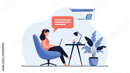 Young woman sitting in a comfortable blue armchair and working on a laptop with a large orange speech bubble for message concepts.