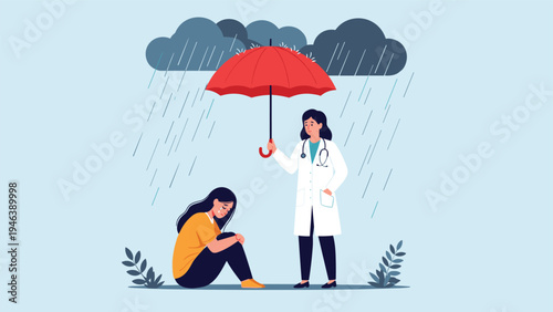 Caring doctor holding a red umbrella to protect a crying woman sitting in the rain under dark clouds as a symbol of mental health support.