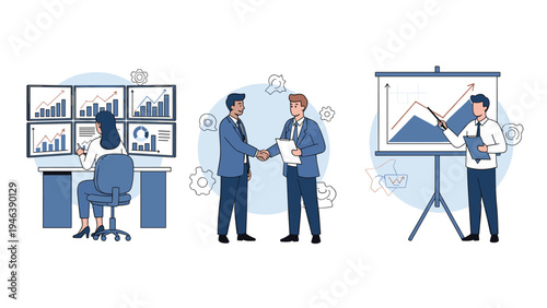Business professionals engage in various activities like data monitoring, shaking hands for partnerships, and giving successful presentations.