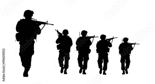 Silhouette of a Military Infantry Squad on Tactical Foot Patrol
