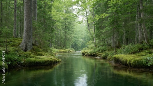 Serene Forest Stream Surrounded by Lush Green Trees and Tranquil Reflections in Calm Waters in a Peaceful Wilderness
