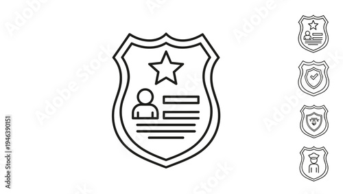 Series of black and white police badge icons representing different law enforcement ranks and security services with stars and protective shields.