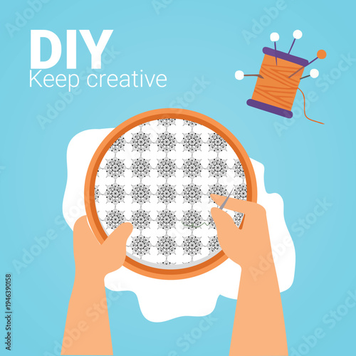 Vector DIY cross stitch pattern with hands and thread