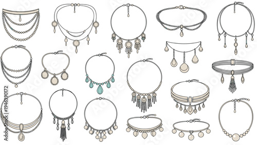 Detailed collection of elegant necklace designs features various jewelry styles with pearls, gemstones, and intricate metalwork for fashion concepts.