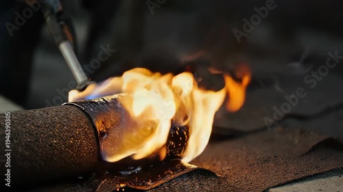 Close-up of a worker using a blowtorch to melt and apply roofing felt during roof repair, showcasing the intense flame and the process of waterproofing a buildings surface.