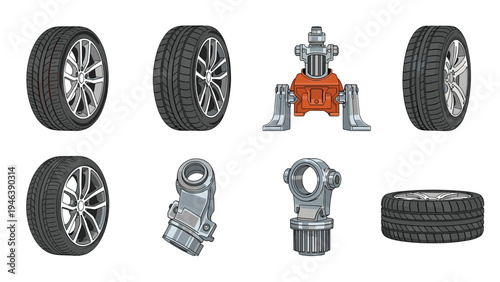 Collection of various car wheels, tires, and mechanical suspension components designed for automotive repair and vehicle maintenance services.