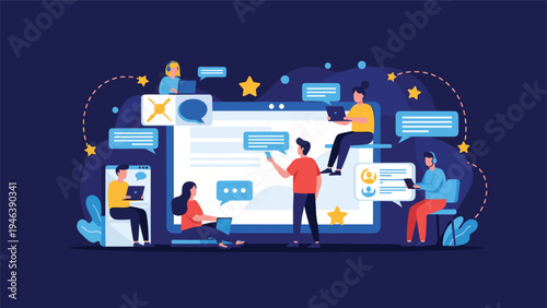 People engage in global digital communication and social media networking through various screens and floating chat bubbles on a dark background.