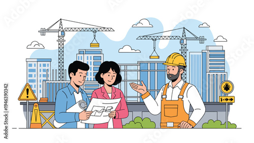 Professional architects and a construction worker discuss building plans and blueprints at a busy urban development site with large cranes behind.