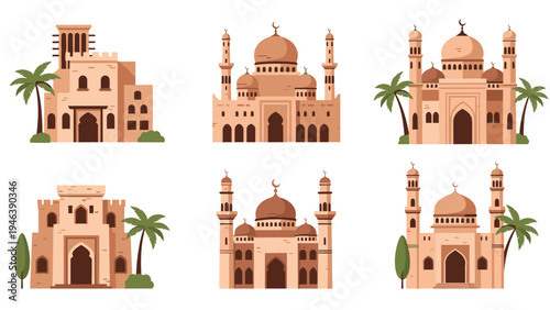 Set of beautiful traditional Islamic architecture illustrations featuring different mosque designs with domes, minarets, and desert palm trees.