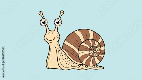 Cute cartoon snail with a large brown and beige spiraled shell and a friendly smiling face crawls slowly across a light blue background surface.