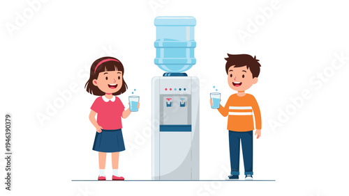 Young boy and girl enjoy refreshing glasses of clean water from a modern office-style water cooler dispenser to stay healthy and hydrated all day.