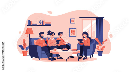 Group of friends or family members relax together in a cozy living room while using digital tablets and reading books for entertainment and leisure.
